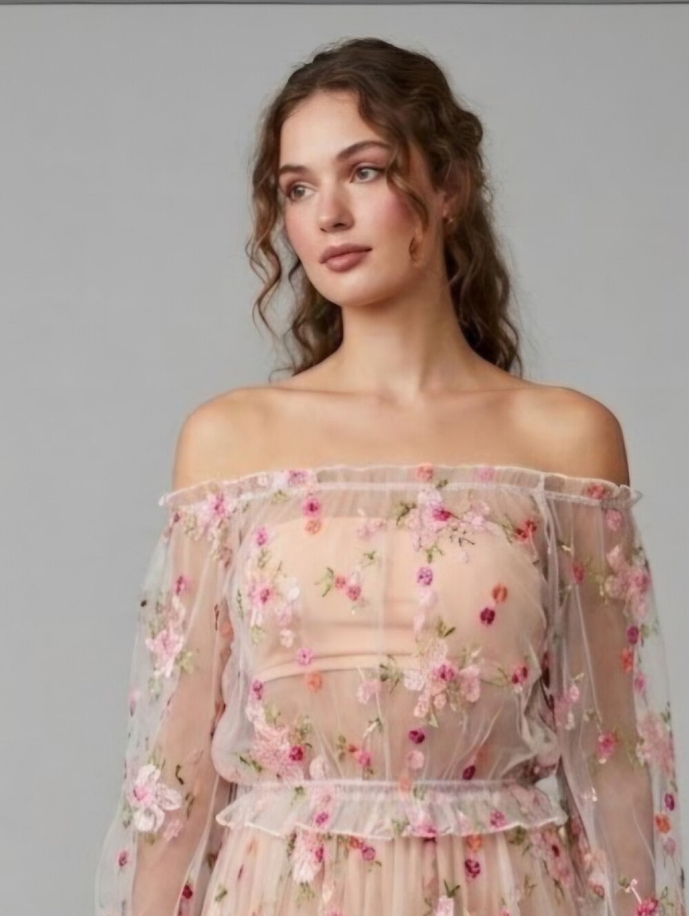 Shein Off-Shoulder Blush Floral Embroidered Dress